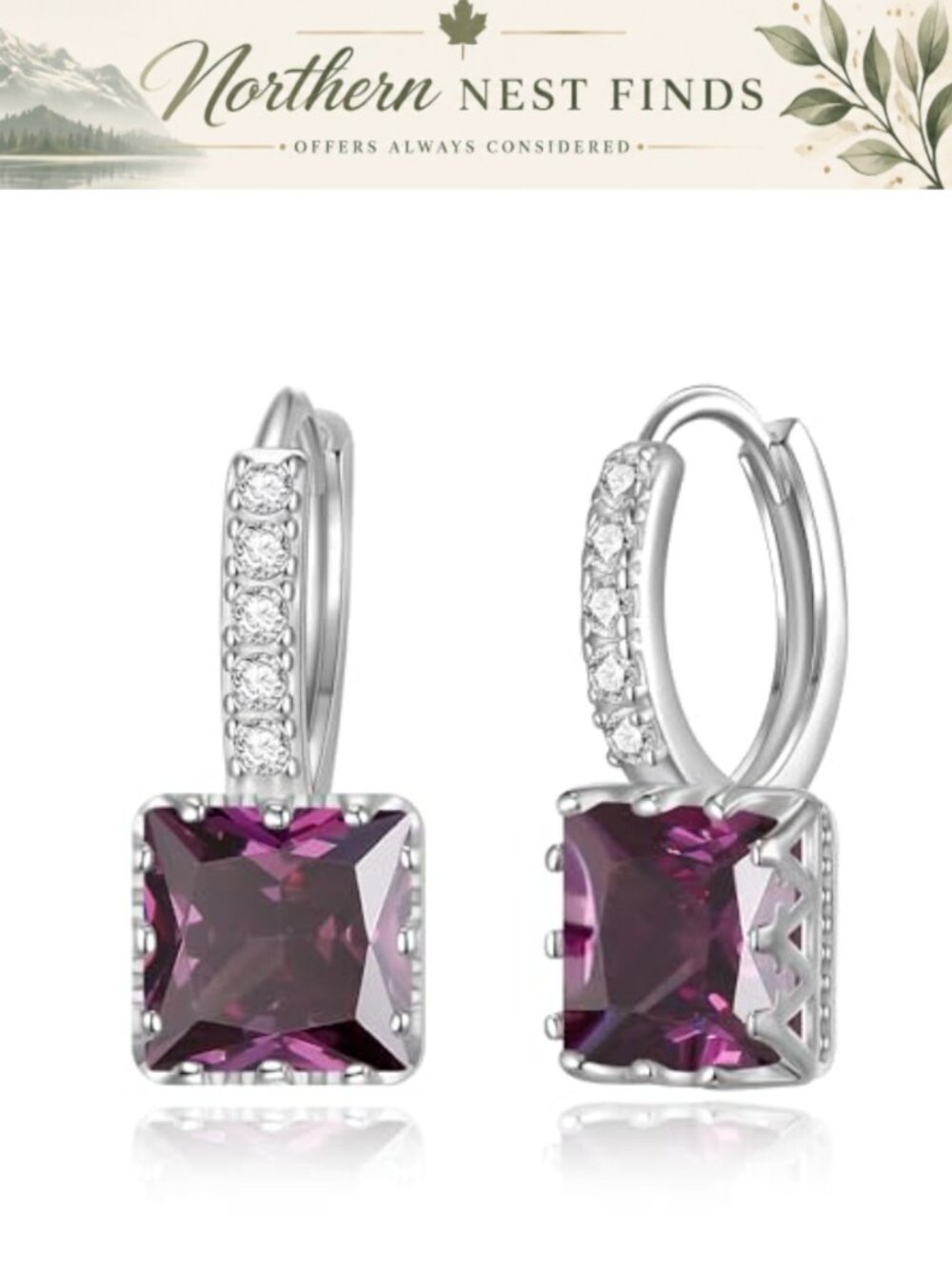 Square Cut CZ Drop Huggie Hoop Dangle Earrings Hypoallergenic Brass